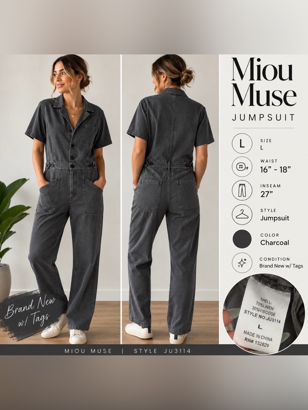 Miou Muse - Charcoal Utility Jumpsuit - NWT - Size L